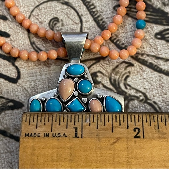 Jay King DTR turquoise coral sterling silver cross pendant necklace - Picture 7 of 11